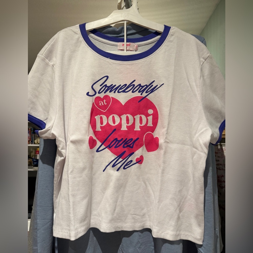 Poppi White and Blue Kids Tee with Pink Heart Design